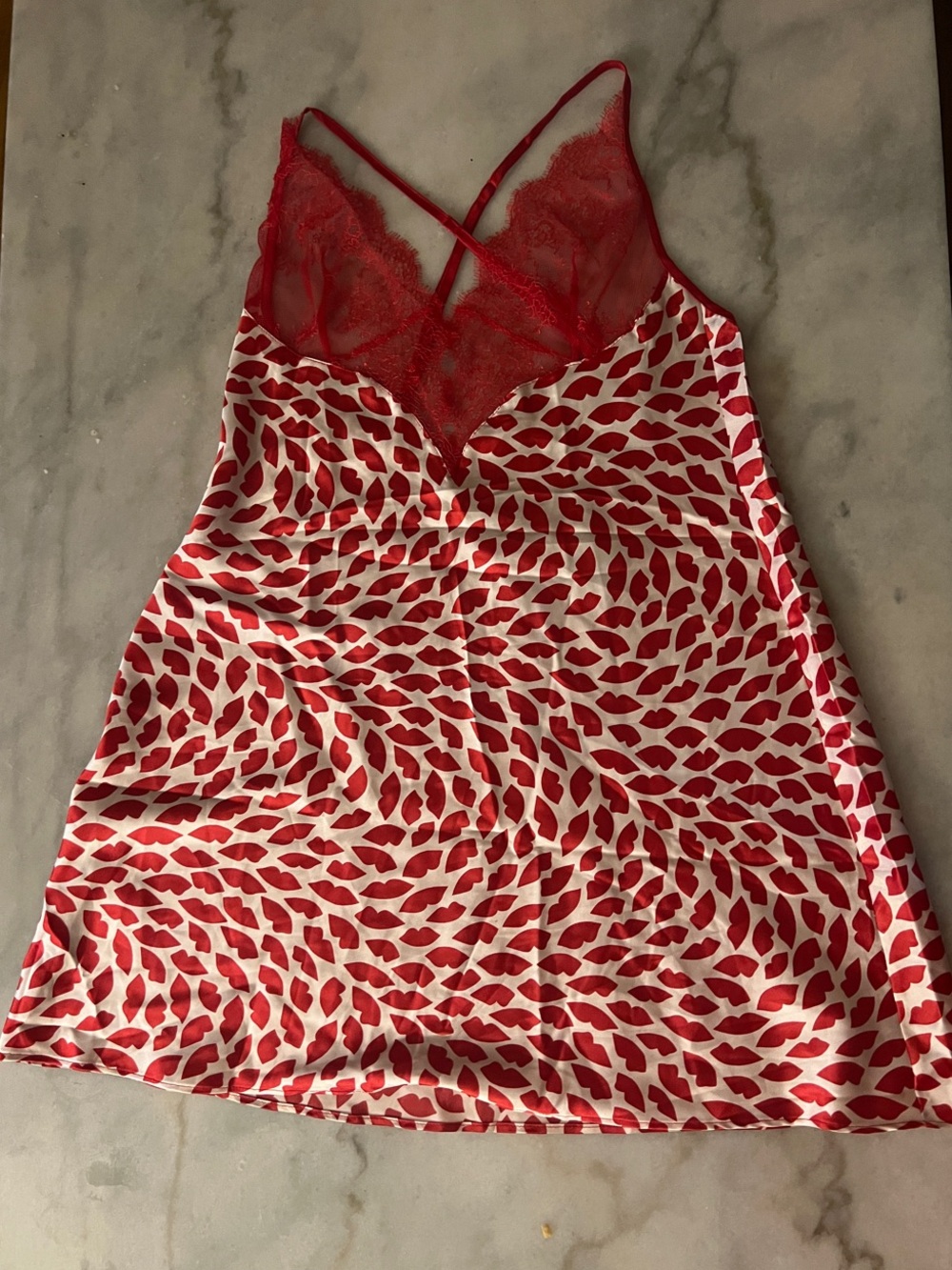 Victoria’s Secret Lip-Print Satin Slip Dress with Lace Trim
